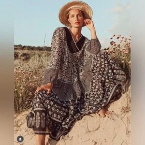 Daughters of India Eta Dress Black White Floral Block Print Womens Size S